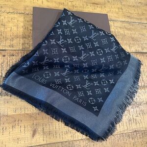 Sold on my FB. Louis Vuitton Monogram Shine Shawl Black and Gray Scarf